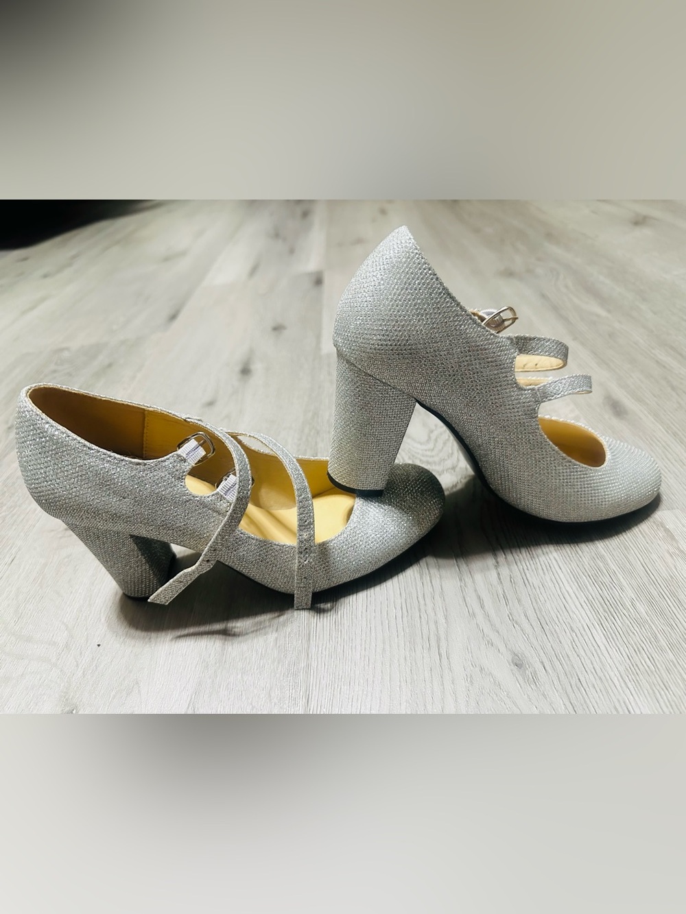 Silver Glitter Mary Jane Block Heel Pumps for Women